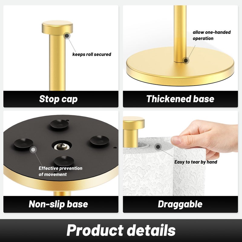 VEHHE Gold Paper Towel Holder  VEHHE Paper Towel Holder Stand  Paper Towel Holder with Weighted Base  Countertop Paper Towel Holder with Suction Cups for Kitchen Bathrooms - Image 4
